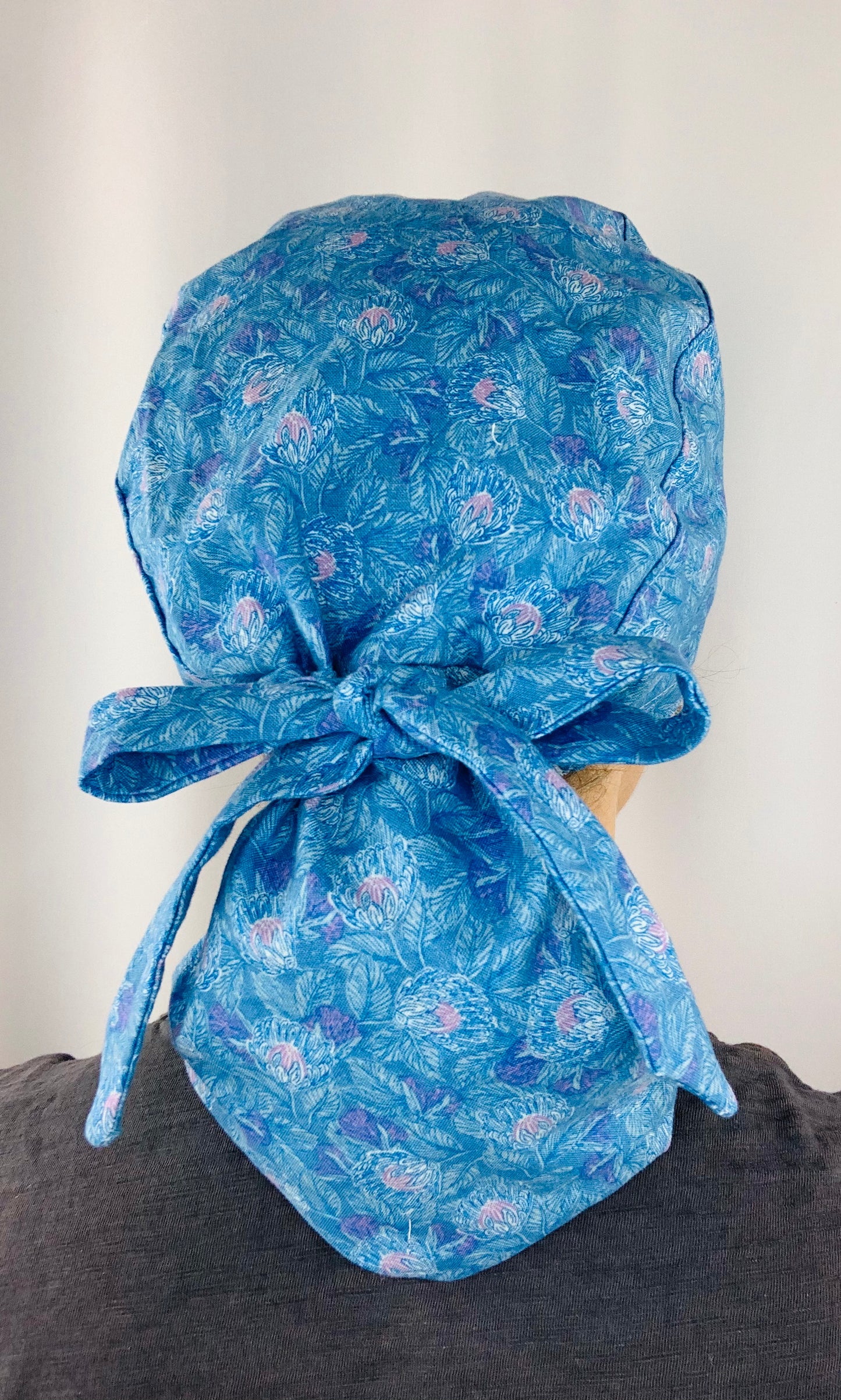 Blue Floral Ponytail Scrub Cap