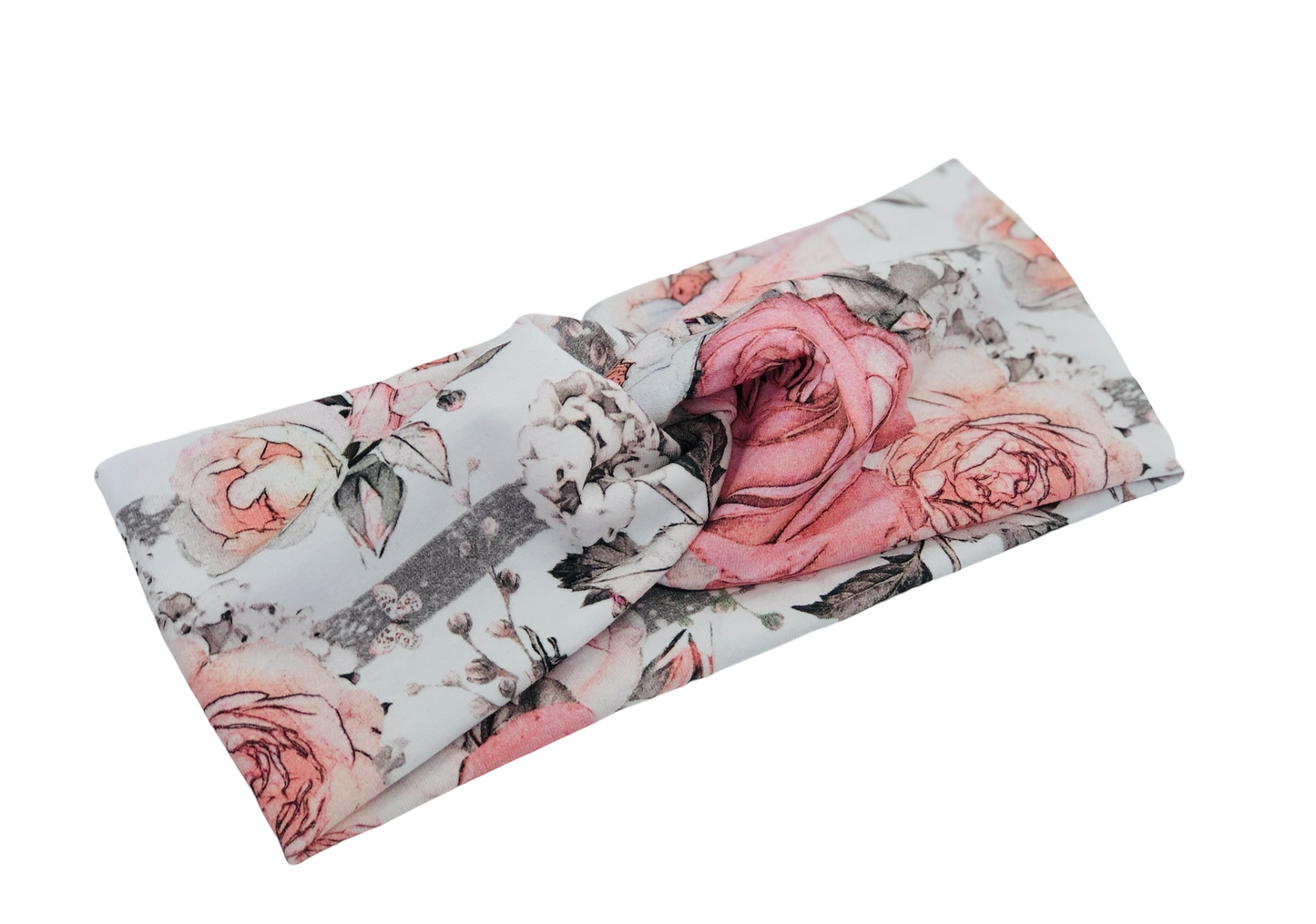 Roses on Gray Stripe Headband-Twist or Sport | Sweet Stitch Novelties