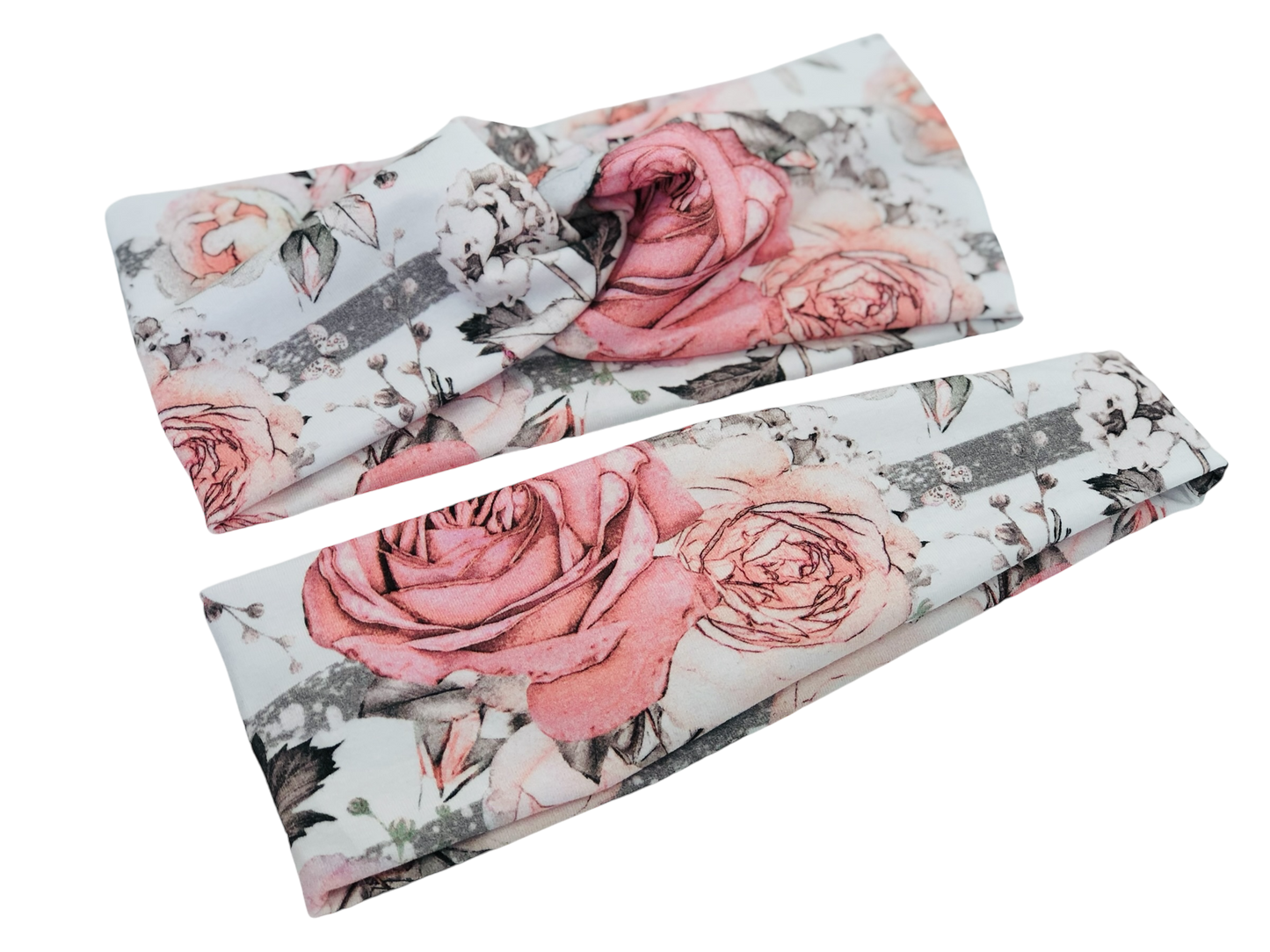 Roses on Gray Stripe Headband-Twist or Sport | Sweet Stitch Novelties