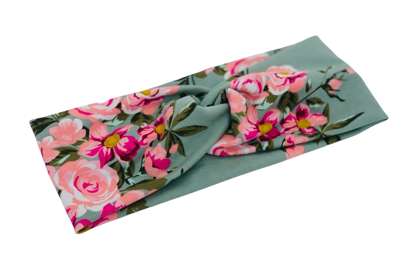 Pink Petals on Green Floral ORGANIC Headband-Turban Twist and Yoga Styles | Sweet Stitch Novelties