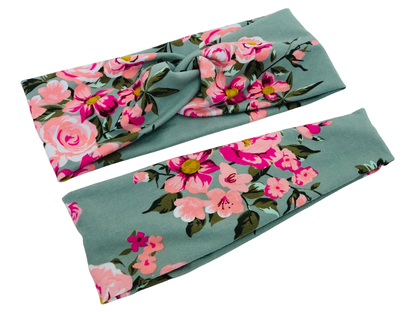 Pink Petals on Green Floral ORGANIC Headband-Turban Twist and Yoga Styles | Sweet Stitch Novelties