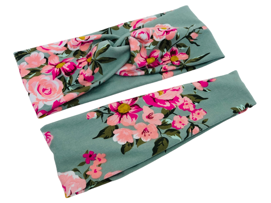 Pink Petals on Green Floral ORGANIC Headband-Twist or Sport | Sweet Stitch Novelties