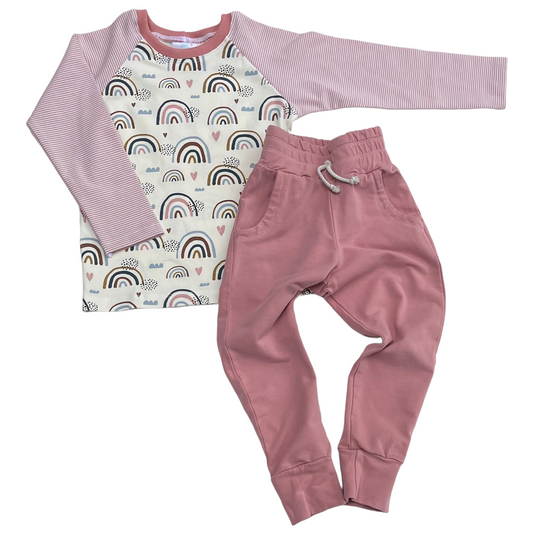 Rainbow and Stripe Raglan and Rose Jogger Set | Size 4/5T