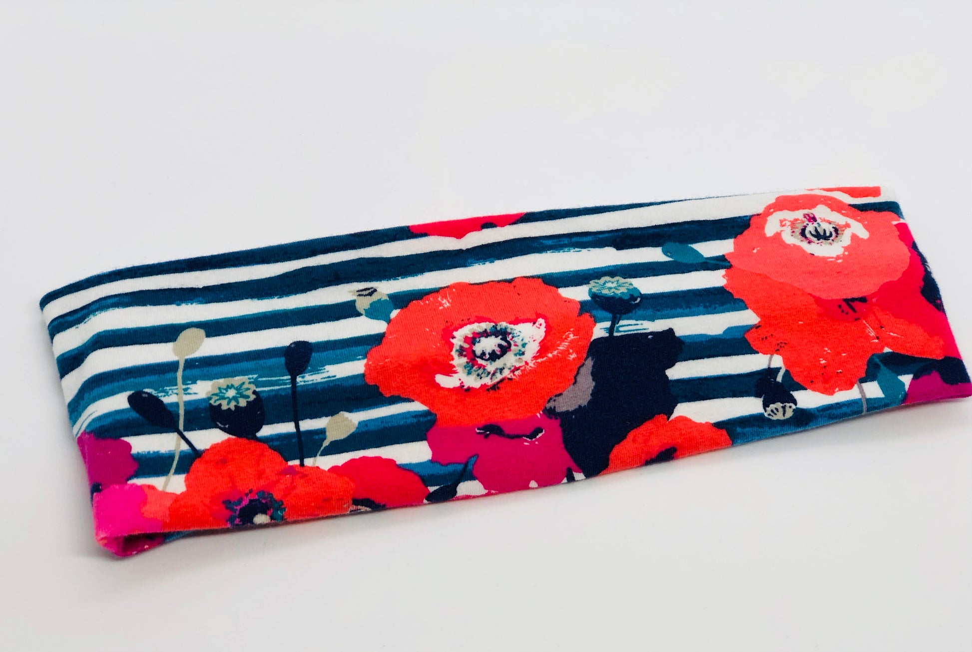 Poppy on Navy Stripe Headband-Turban Twist and Yoga Styles | Sweet Stitch Novelties - Sweet Stitch Novelties