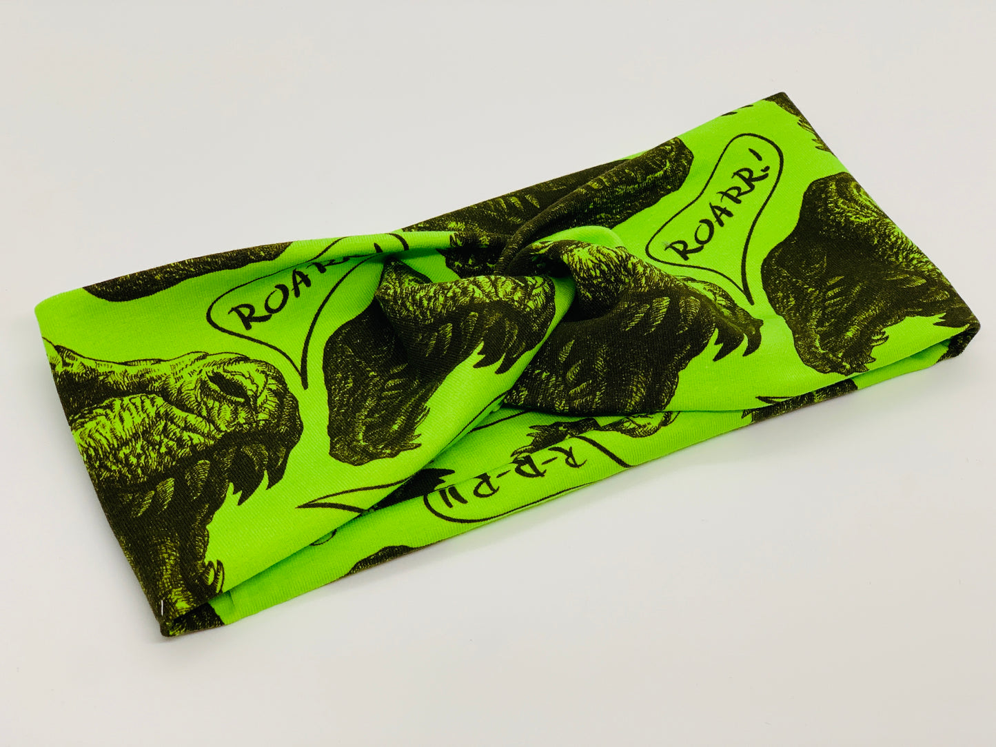 T-Rex on Lime Headband-Turban Twist and Yoga Styles | Sweet Stitch Novelties