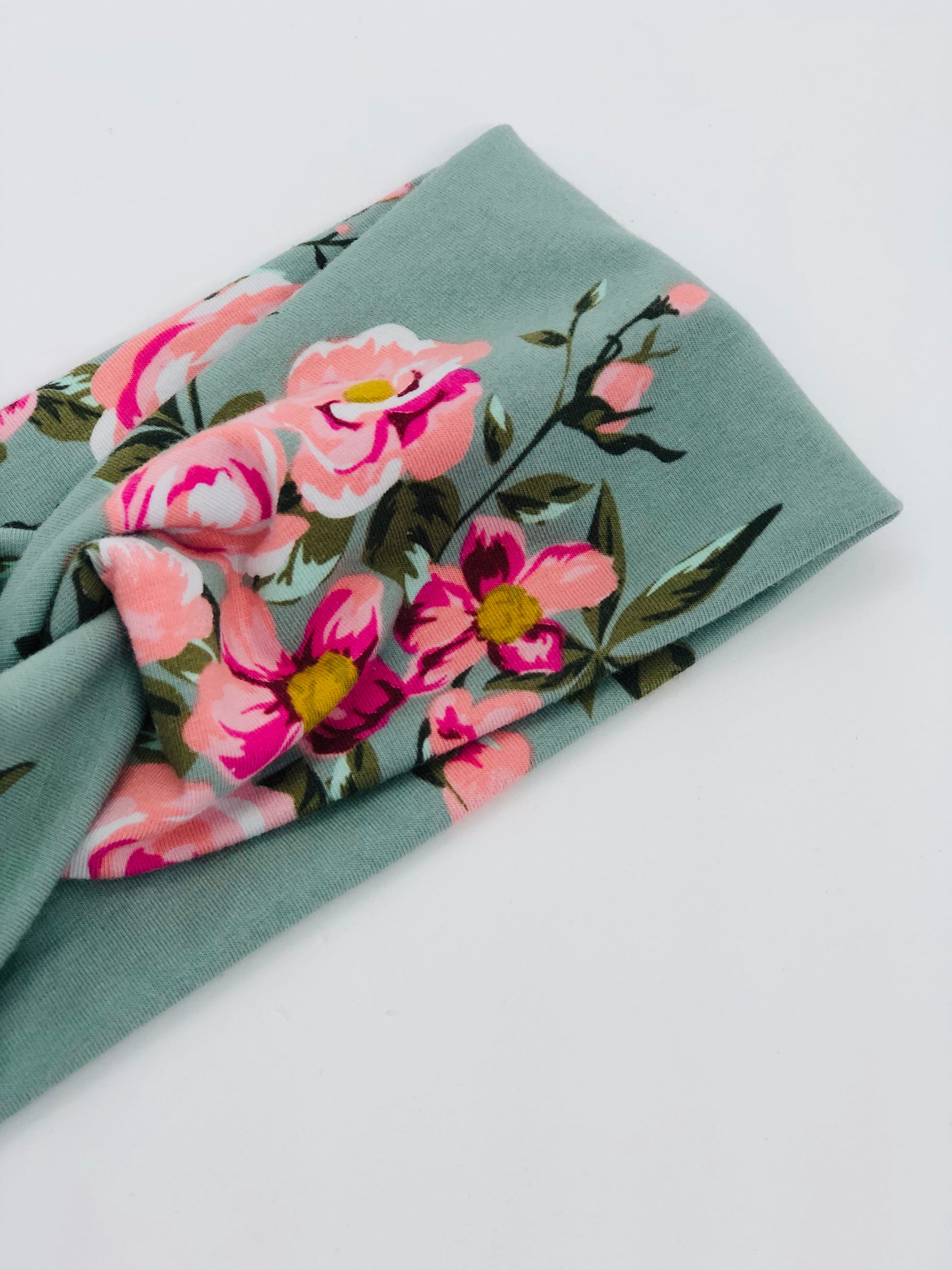 Pink Petals on Green Floral Headband-Turban Twist and Yoga Styles | Sweet Stitch Novelties - Sweet Stitch Novelties