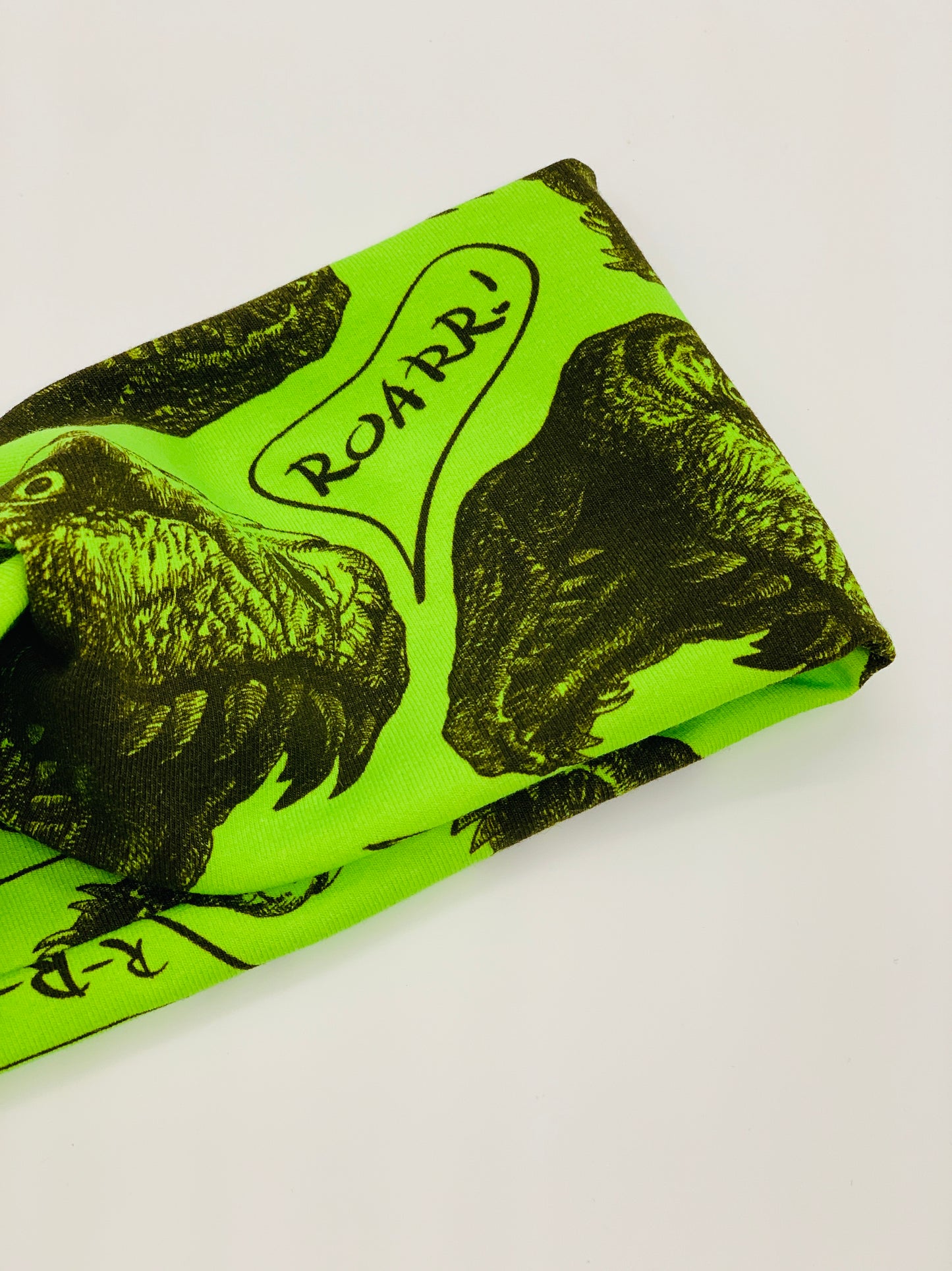 T-Rex on Lime Headband-Turban Twist and Yoga Styles | Sweet Stitch Novelties