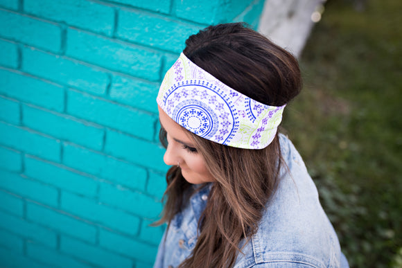 Mandala on White Headband-Turban Twist and Yoga Styles | Sweet Stitch Novelties - Sweet Stitch Novelties